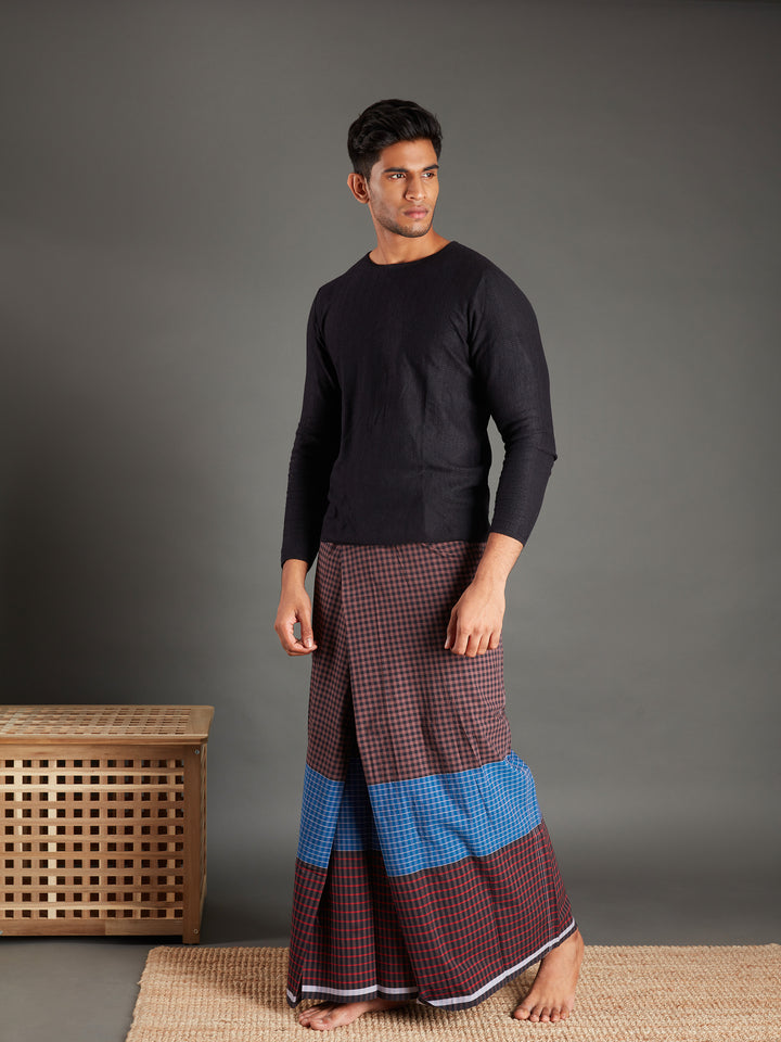 Areeba Brown and Blue Cotton Lungi - AMT-007 - View 2