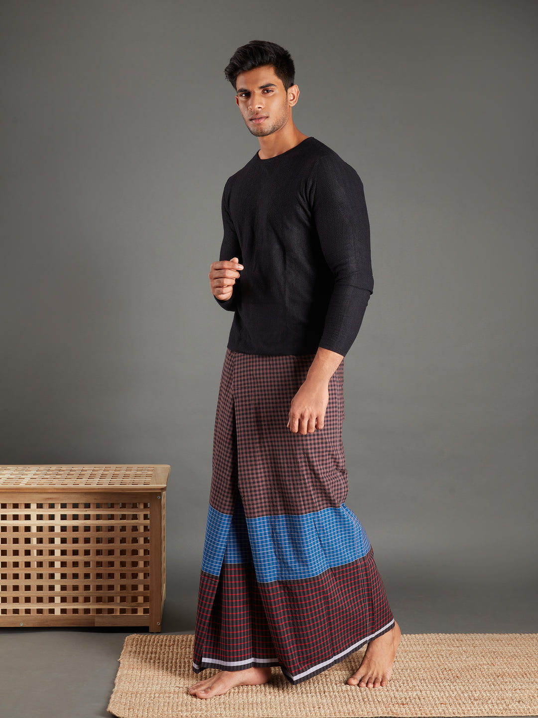 Areeba Brown and Blue Cotton Lungi - AMT-007 - View 1