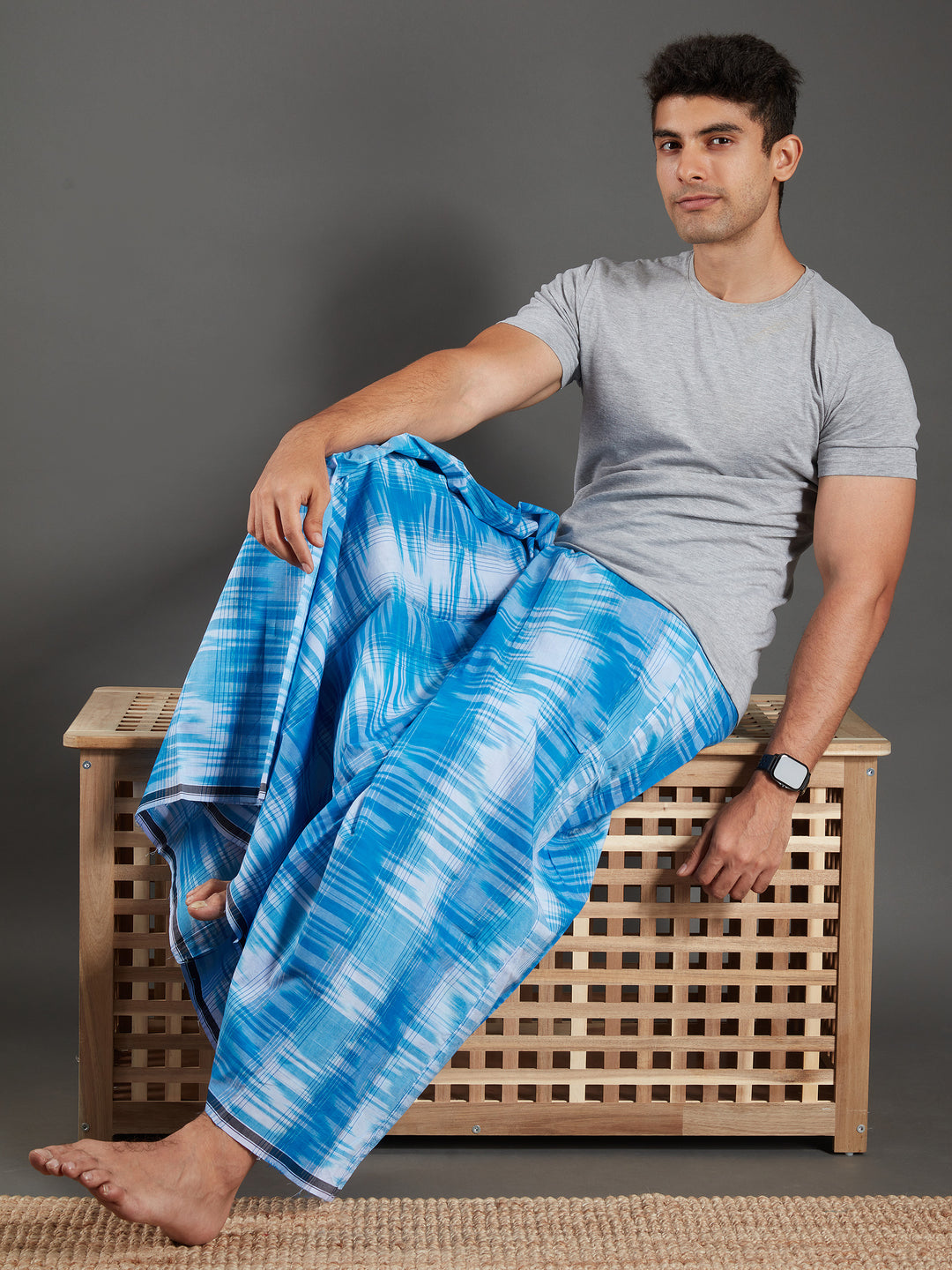 Areeba Blue Cotton Lungi - AMT-008 - View 4