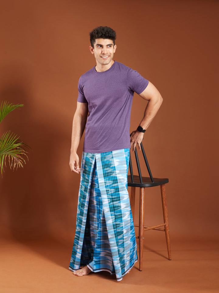 Areeba Blue and Green Fine Cotton Lungi - AMT-014 - View 2